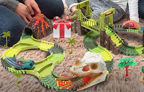 トミカやプラレールのような恐竜のおもちゃで遊んでいる親子