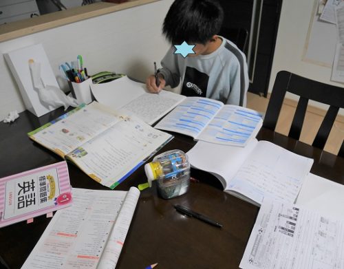 リビングのテーブルでテスト前の勉強をしている中学1年生の男の子