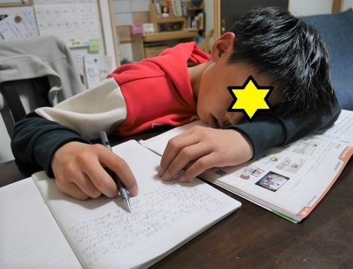 学校の宿題をしたままリビングで寝ている中学生の男の子
